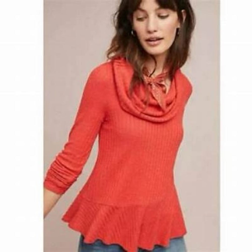 Anthropology Maeve Burnt Red Winterscape Peplum Cowl Neck Ribbed Sweater Top XS